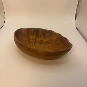 Monkey Pod Wood 8" Bowl seashell shell scalloped Serving‎ Trinket Nut Dish vtg